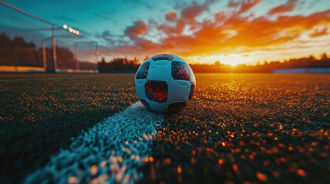 Soccer ball on field at sunset (1) - Powered by Adobe