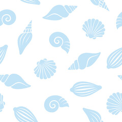 Light blue seashells on white create a clean seamless pattern for beach-themed textile design