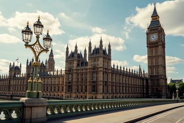 Iconic big ben and the houses of parliament stand majestically against a bright blue sky with fluffy white clouds in london england