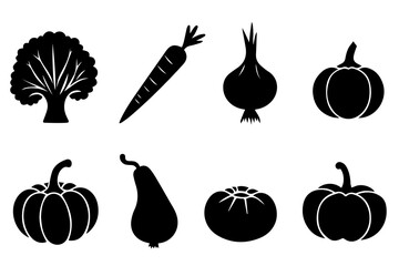 set of vegetable silhouettes broccoli carrot onion pumpkin squash tomato healthy food icons black isolated symbols vegetarian design elements kitchen cooking vector clipart collection for decoration