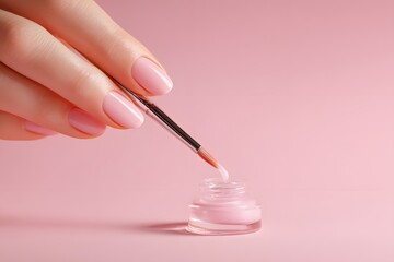 Close-up of manicured hand with glossy pink nails and nail brush applying pink nail polish against pastel pink background