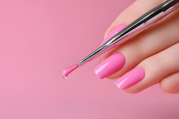 Close-up of manicured hand with glossy pink nails and nail brush applying pink nail polish against pastel pink background
