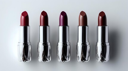 Obraz premium Five luxury lipsticks in metallic silver cases arranged in row showing gradient color palette from pink to deep burgundy shades on white background, top view.