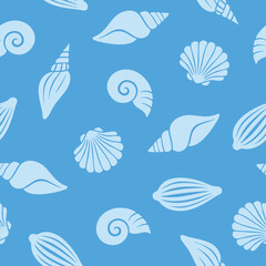 Seamless pattern with seashells in a beautiful blue color palette. A summery design