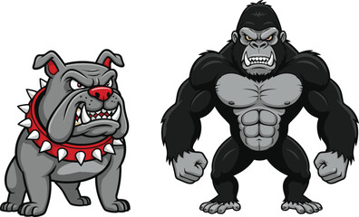 Fierce cartoon bulldog with spiked collar and angry muscular gorilla standing side by side, powerful animal mascots illustration.