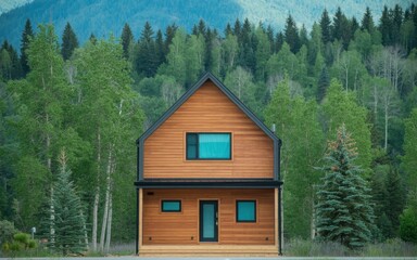 Modern wooden house nestled in a lush green forest with mountain backdrop