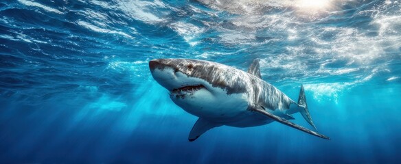 Fototapeta premium The Great White Shark Gliding Through Sunlit Blue Ocean Waters With Powerful Presence