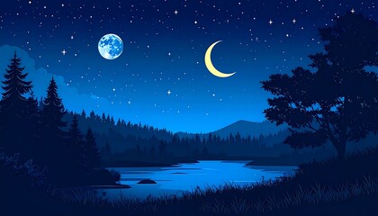 Night forest lake starry sky