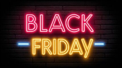 Bright neon Black Friday typography in pink and yellow with blue accents on dark brick wall background, bold vibrant luminous design for retail promotion