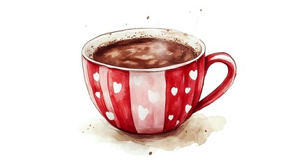 Red striped mug with white hearts pattern filled with hot chocolate or coffee, watercolor style artwork on white background, cozy drink illustration.