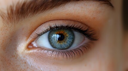 Fototapeta premium Close up macro shot of bright blue-green eye with long natural eyelashes and freckles on fair skin, showing intricate iris detail and natural beauty.