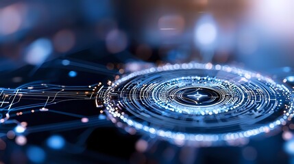 Futuristic circular technology interface with glowing blue elements and connected nodes on dark background, representing digital transformation and innovation.