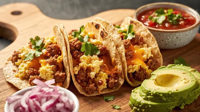 Colorful array of delicious tacos stacked neatly on a wooden table ready to be enjoyed by food lovers everywhere