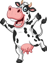 Happy cartoon dancing cow with black spots, joyful farm animal character with big smile and playful expression, fun livestock mascot.