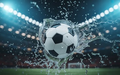 Fototapeta premium Dramatic Soccer Ball Splashing in Water at Night Stadium a Captivating Sports Scene