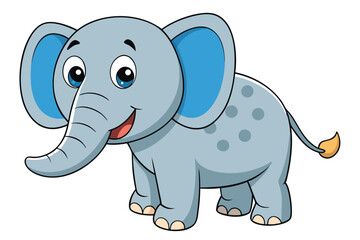 Smiling Cartoon Elephant with Blue Eyes, Cartoon Style, on White Background