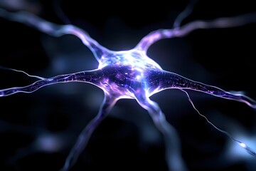 Glowing purple and blue neuron with electrical impulses on black background, showing neural network connections and synaptic activity in brain cells.