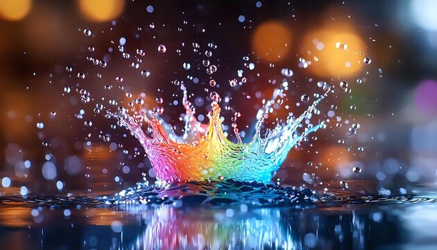 Colorful liquid crown splash with rainbow effect and water droplets against dark background with bokeh lights, captured in high-speed macro photography.