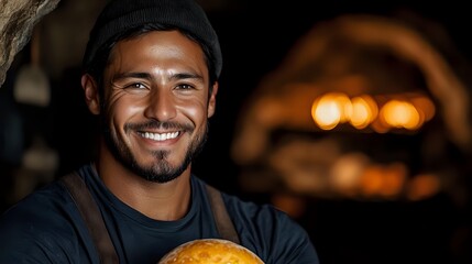 Smiling chef holding freshly baked artisanal pizza near traditional wood-fired brick oven with glowing flames in background. Authentic restaurant kitchen atmosphere.
