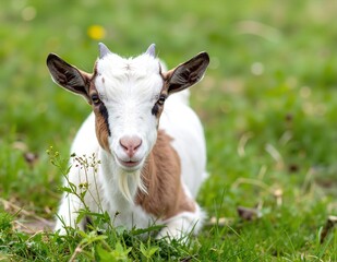 Obraz premium A small, fluffy goat with soft white fur is comfortably sitting in a lush green meadow, surrounded by vibrant wildflowers and tall grass.
