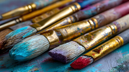 Fototapeta premium Vibrant art brushes with colorful paint splatters create a dynamic scene for artistic inspiration and creative projects