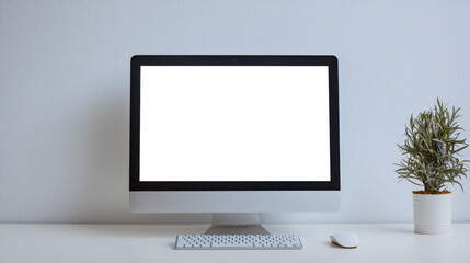 Fototapeta premium A computer monitor, keyboard and mouse are on the table next to a potted plant. Mockup of the computer display for website advertising