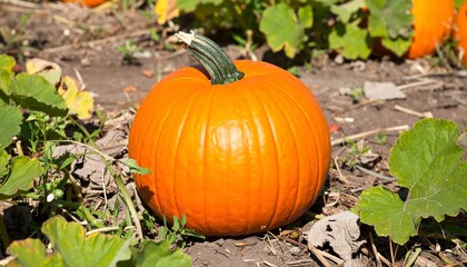 Orange pumpkin in a field
