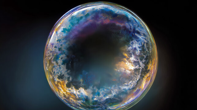 Delicate Soap Bubble Iridescence with Rainbow Hues against Dark Background
