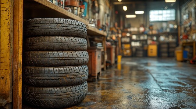 Stacked tires in a dusty workshop