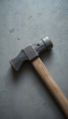 Old metal axe head with wooden handle on a textured surface