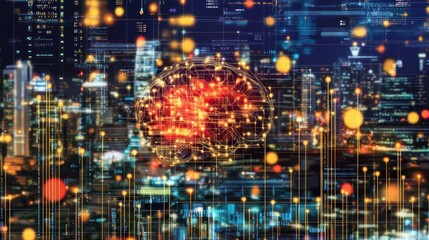 Glowing Brain Circuitry Overlaying a Futuristic Cityscape at Night