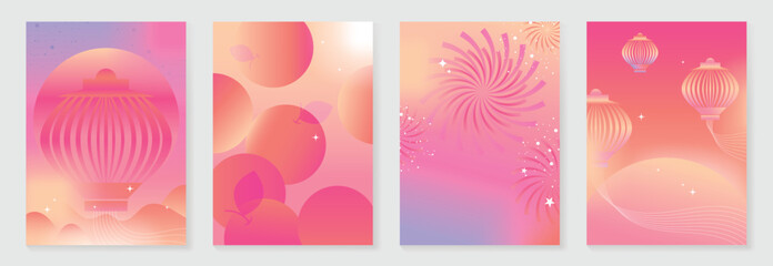 Obraz na płótnie Canvas Chinese New year poster design vector set. Modern new year colorful card with lantern, orange, firework in geometric shape. Illustration for flyer, brochure, social media, banner, ads.