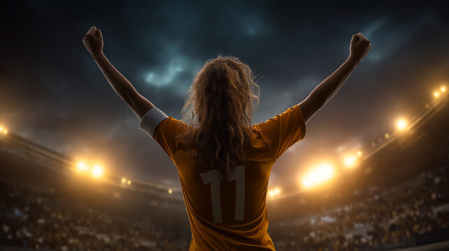 Victorious soccer player celebrating success in stadium illuminated by spotlights excitement