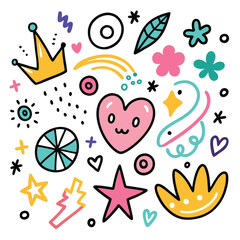 Naklejka premium Vibrant doodle illustrations of hearts, crowns, stars, and flowers
