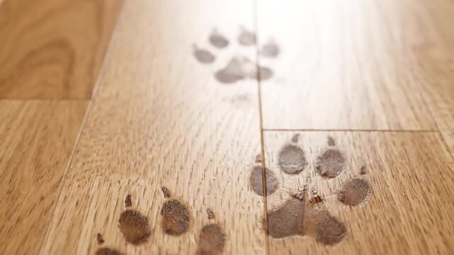 Dog paw prints on warm wooden floor capturing the essence of a beloved pet's playful presence and joyful moments