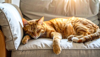 Orange tabby cat resting on a light gray couch