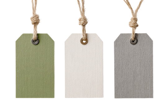 Three blank paper tags, various colors, hung by twine