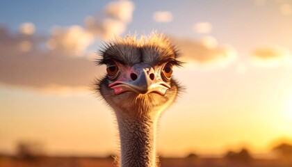 Close-up of an ostrich at sunset