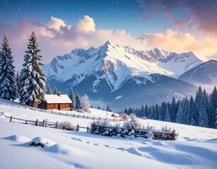 A picturesque winter scene showcases a quaint cabin nestled amongst snow-dusted fir trees, with majestic snow-capped mountains rising in the background.