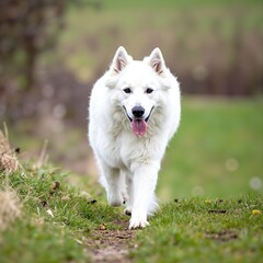 Fototapeta premium A fluffy white dog joyfully bounds through a lush green field, its ears flapping in the breeze and tail wagging excitedly under the bright blue sky.