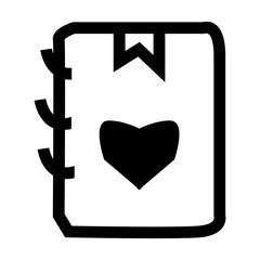 Fototapeta premium Black outline of a diary or notebook with a heart and bookmark, representing love stories, memories, and romance