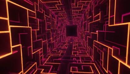 A maze of shifting neon fractals in an infinite void, walls reconfiguring into impossible geometries, no players, 8K, cyber-fantasy