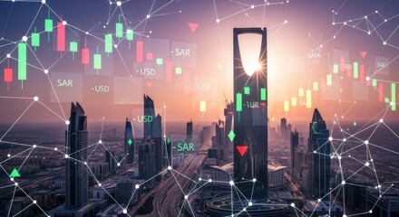 Modern city skyline with global financial data network