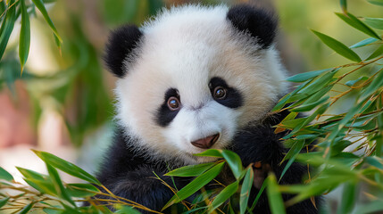 Adorable panda cub eating bamboo in nature wildlife cute mammal bear conservation