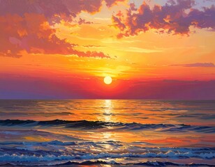 Fototapeta premium A vibrant sunset paints the ocean with fiery hues, showcasing a dramatic sky and serene waves.