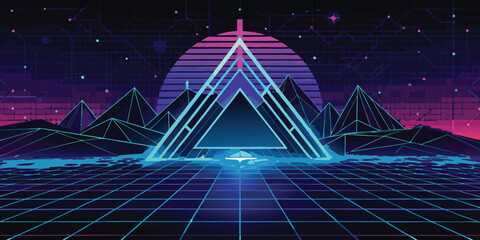 Abstract geometric digital landscape illustration evoking a futuristic vaporwave aesthetic with neon gradients and grid patterns.