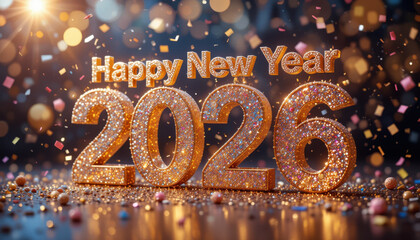 Golden happy new year 2026 celebration with sparkling confetti and bokeh lights