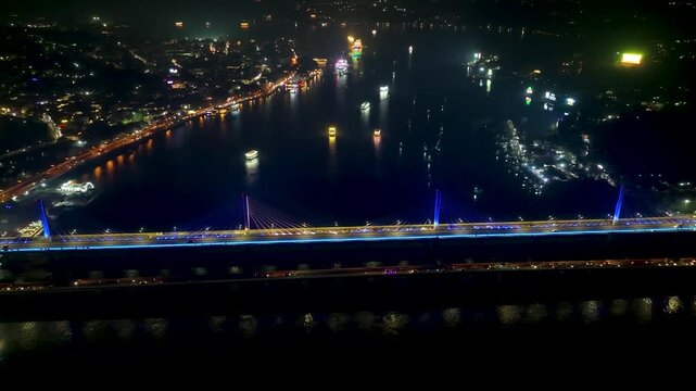 Drone Footage of Atal Setu Bridge Over Mandovi River at Night