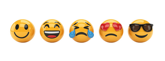 Expressive emoji faces capturing joy, laughter, sadness, love, and coolness perfect for digital communication and creative projects