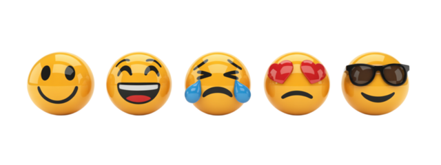 Expressive emoji faces capturing joy, laughter, sadness, love, and coolness perfect for digital communication and creative projects